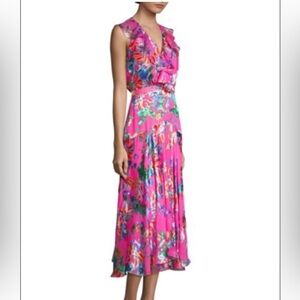 SALONI Rita Floral Silk Midi Dress in Pink Begonia Sz XS